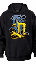 A black pullover crewneck with original and custom stylized lettering on the chest featuring blue and yellow/gold "Old English SD". Art by: MisterPanicOne